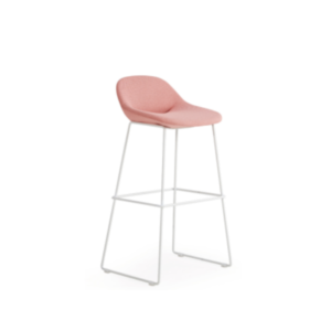 b208 upholstered bar stool with curved backrest and white powder coated metal sled frame